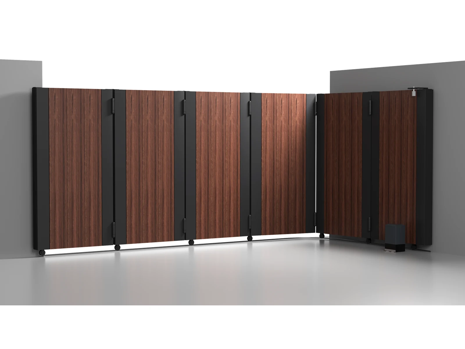 Curved Track Turning Sliding Gate with Charcoal Frame and Wood Grain Vertical Panels-1 Curved Track Turning Sliding Gate with Charcoal Frame and Wood Grain Vertical Panels