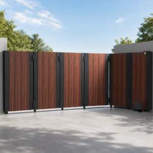 Curved Track Turning Sliding Gate with Charcoal Frame and Wood Grain Vertical Panels