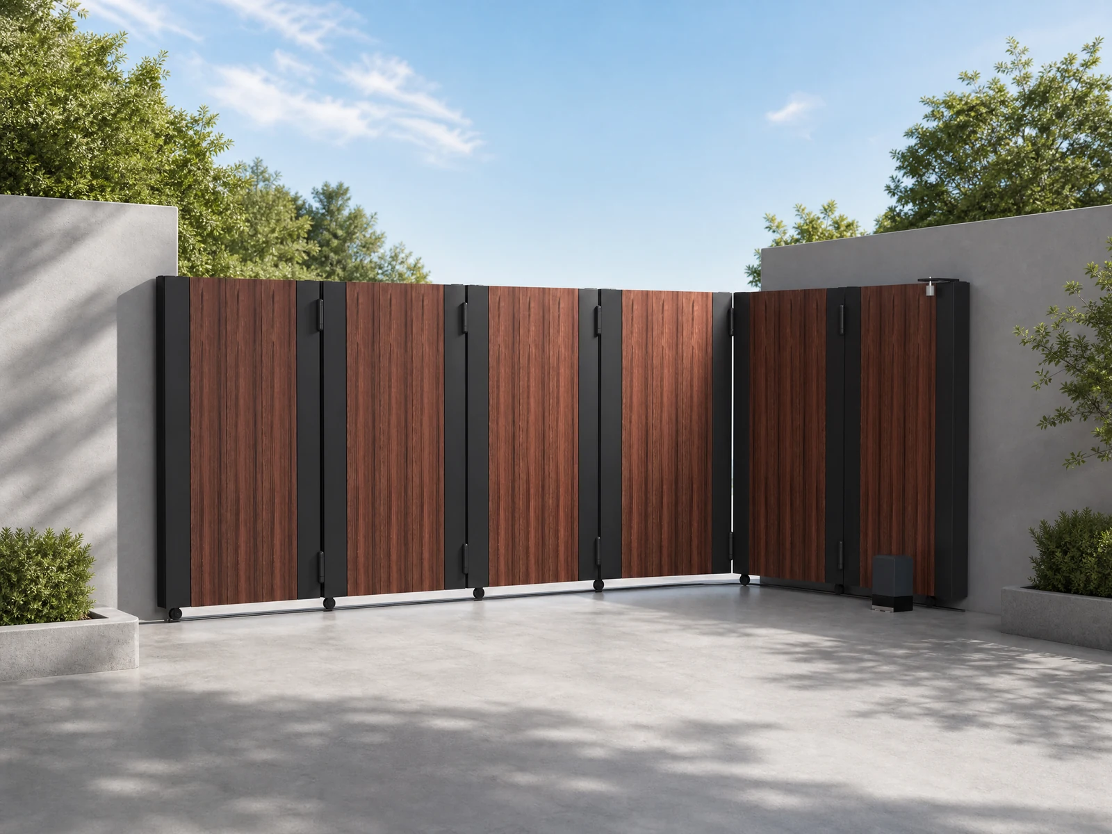 Curved Track Turning Sliding Gate with Charcoal Frame and Wood Grain Vertical Panels Curved Track Turning Sliding Gate with Charcoal Frame and Wood Grain Vertical Panels