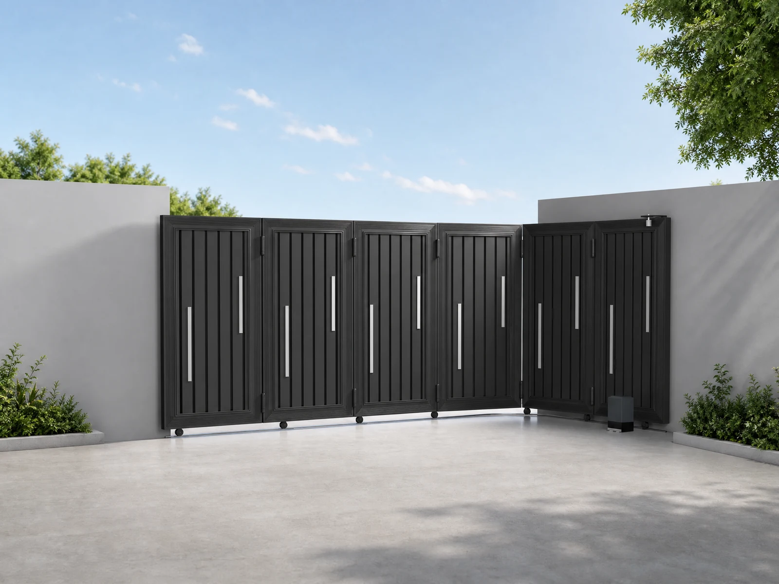 Curved Track Turning Sliding Gate with Vertical Grille Panels Curved Track Turning Sliding Gate with Vertical Grille Panels