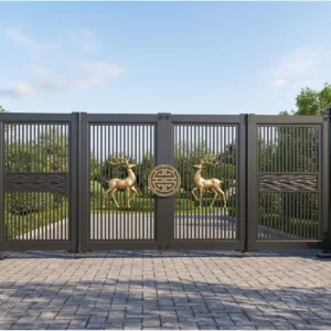 Dark Brown Vertical Slat Aluminum Cantilever Sliding Gate with Central Deer Decor and LED Lighting
