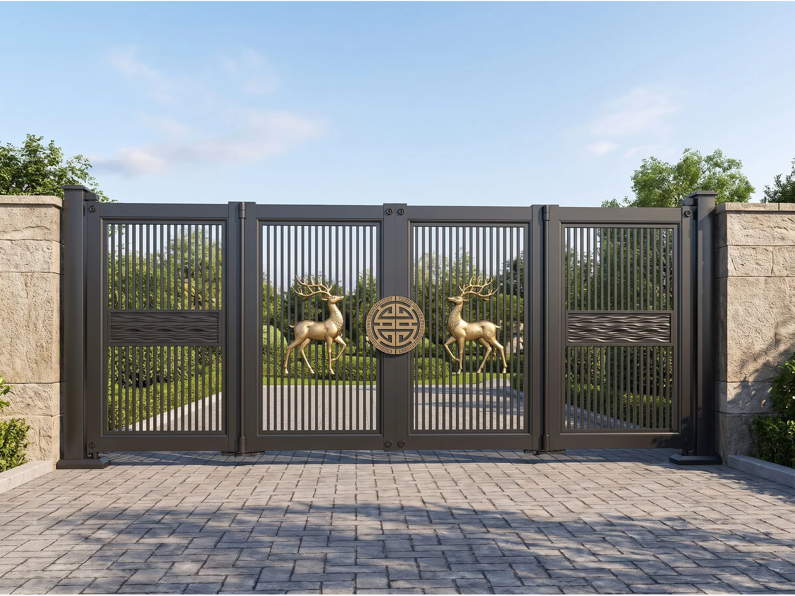 Dark Brown Vertical Slat Aluminum Cantilever Sliding Gate with Central Deer Decor and LED Lighting Dark Brown Vertical Slat Aluminum Cantilever Sliding Gate with Central Deer Decor and LED Lighting