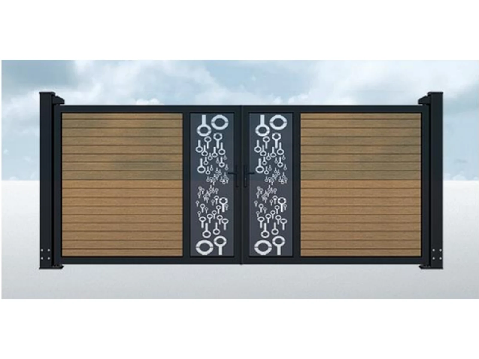 Dark Gray Black Frame Double Swing Driveway Gate with Wood Grain Panels and White Floral Center-1 Dark Gray Black Frame Double Swing Driveway Gate with Wood Grain Panels and White Floral Center
