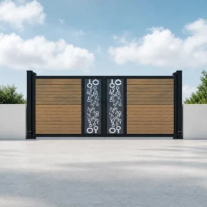Dark Gray Black Frame Double Swing Driveway Gate with Wood Grain Panels and White Floral Center
