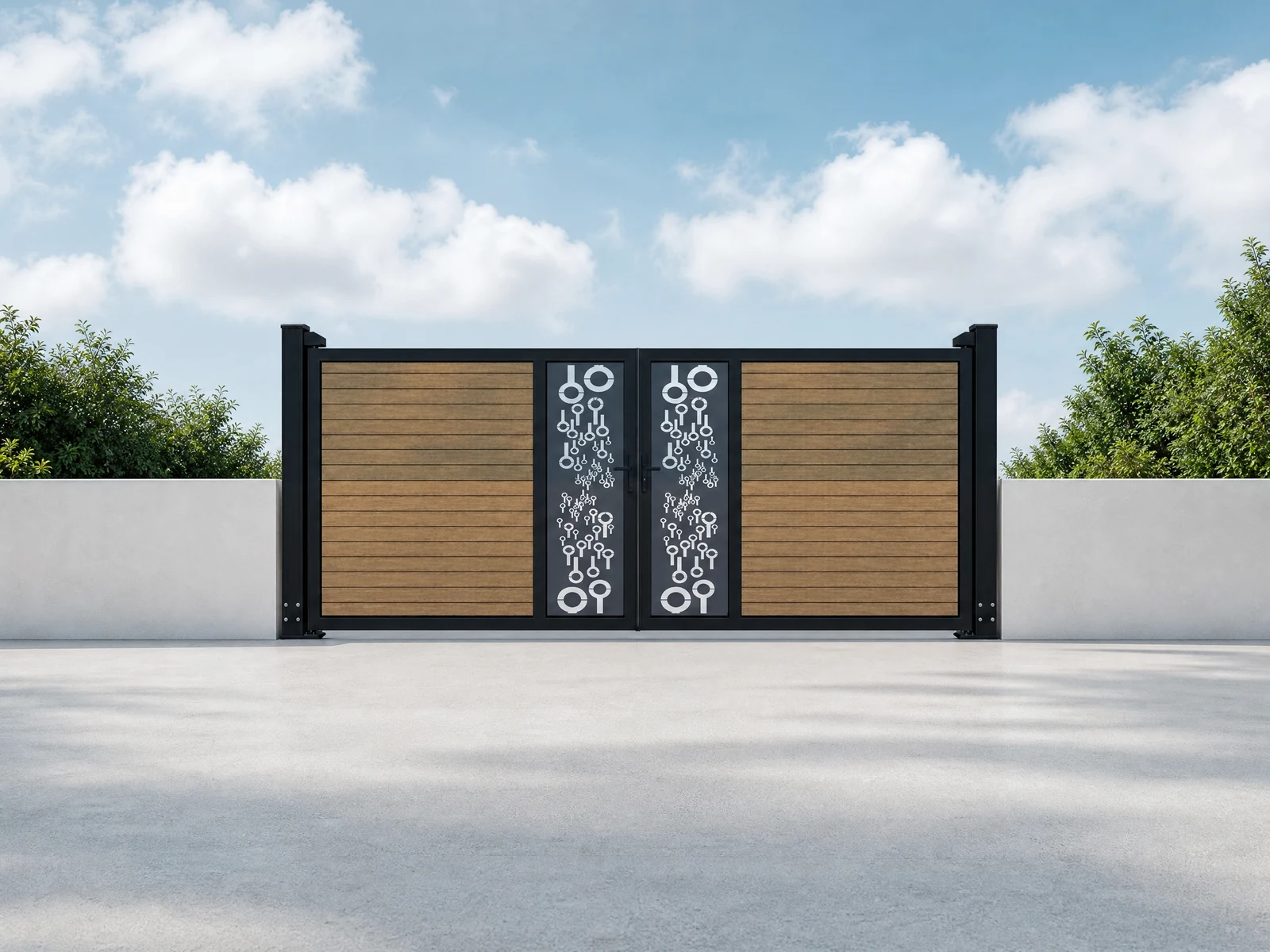 Dark Gray Black Frame Double Swing Driveway Gate with Wood Grain Panels and White Floral Center Dark Gray Black Frame Double Swing Driveway Gate with Wood Grain Panels and White Floral Center