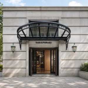 European Arched Wrought Iron Glass Awning with Luxury Black Commercial Design