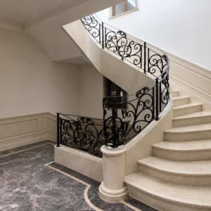 European Vintage Wrought Iron Curved Stair Railing with Black Ornate Design