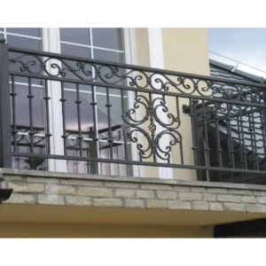 European Wrought Iron Balcony Railing with Black Vertical Bars and Scroll Center Decoration