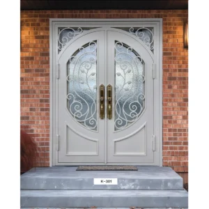 European Wrought Iron Double Entry Door with Decorative Glass
