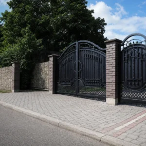 European Wrought Iron Double Swing Garden Gate with Black Classic Ornate Design