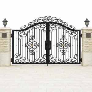 European Wrought Iron Double Swing Garden Gate with Black Ornate Arched Design