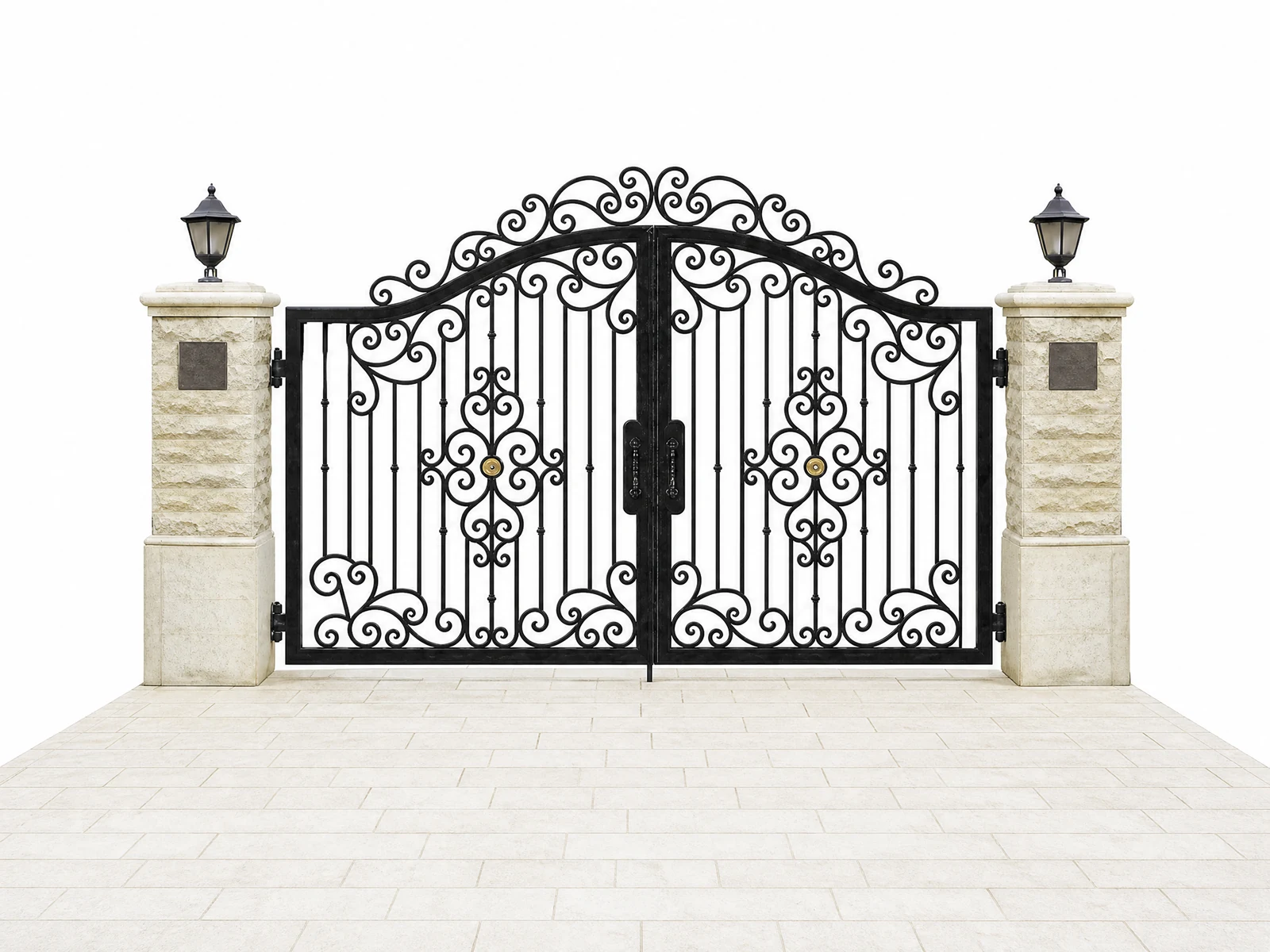 European Wrought Iron Double Swing Garden Gate with Black Ornate Arched Design European Wrought Iron Double Swing Garden Gate with Black Ornate Arched Design