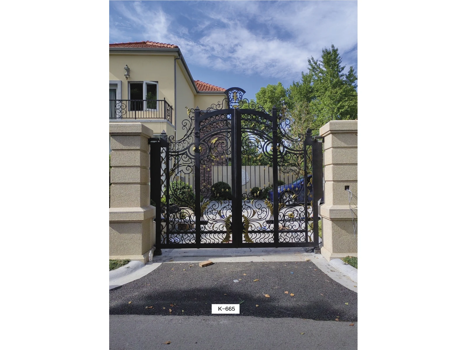 European Wrought Iron Double Swing Garden Gate with Black Ornate Design-1 European Wrought Iron Double Swing Garden Gate with Black Ornate Design