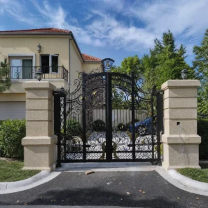 European Wrought Iron Double Swing Garden Gate with Black Ornate Design