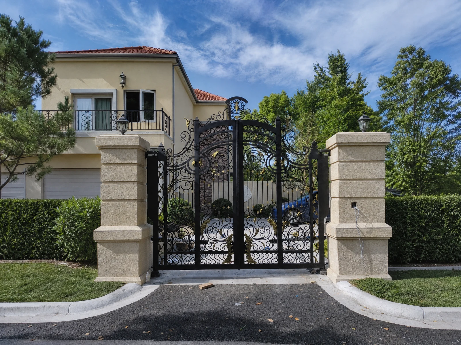 European Wrought Iron Double Swing Garden Gate with Black Ornate Design European Wrought Iron Double Swing Garden Gate with Black Ornate Design