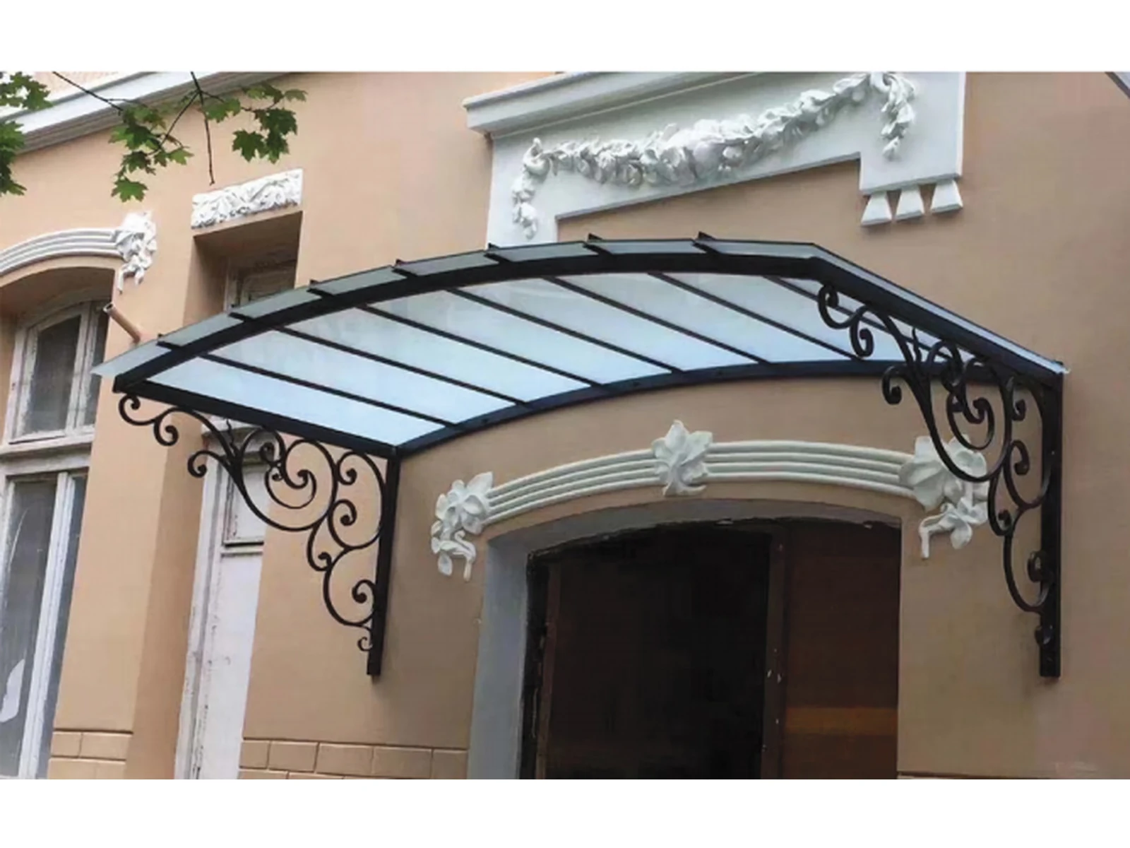European Wrought Iron Glass Awning with Black Ornate Arched Top Design-1 European Wrought Iron Glass Awning with Black Ornate Arched Top Design