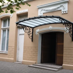 European Wrought Iron Glass Awning with Black Ornate Arched Top Design