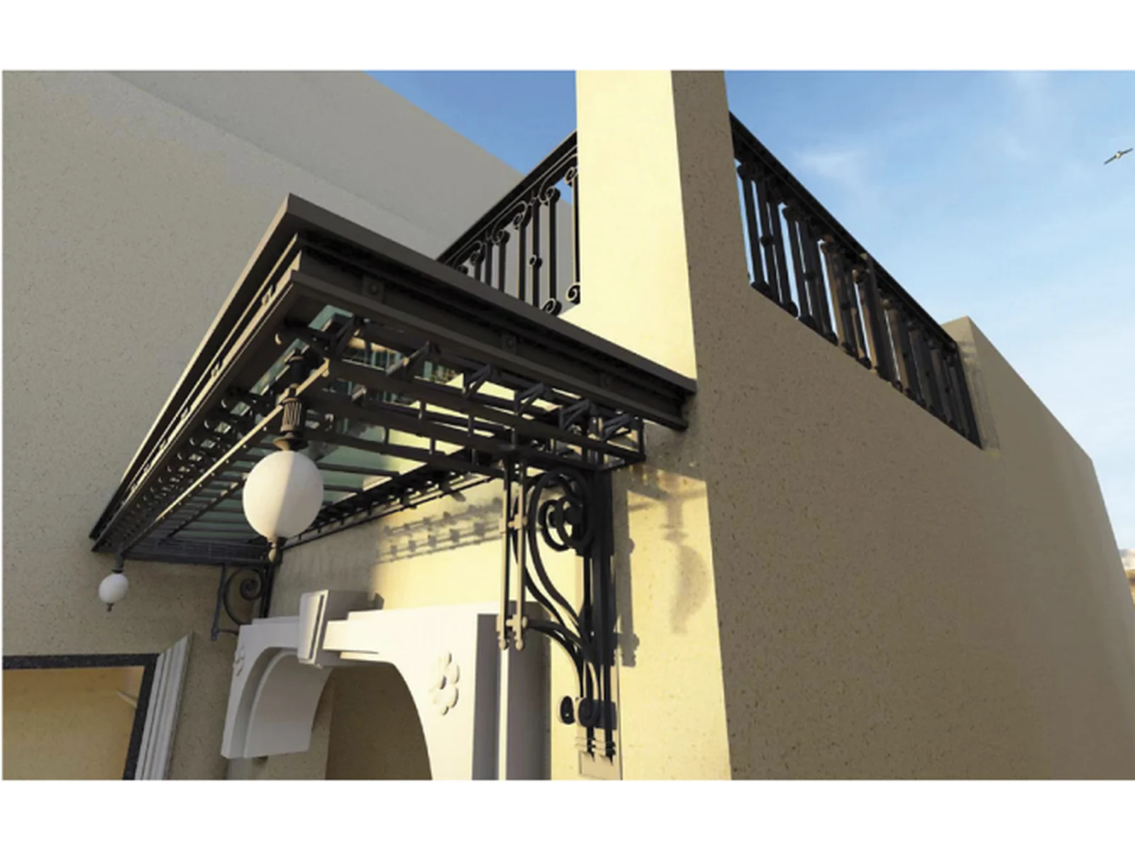 European Wrought Iron Glass Awning with Luxury Black Design-1 European Wrought Iron Glass Awning with Luxury Black Design