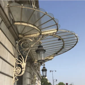 French Classical Fan-Shaped Wrought Iron Glass Awning with Champagne Gold Finish