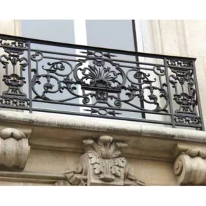 French Classical Wrought Iron Balcony Railing with Black Symmetrical Carved Design