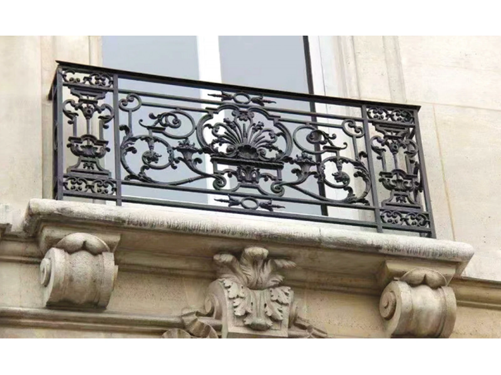 French Classical Wrought Iron Balcony Railing with Black Symmetrical Carved Design French Classical Wrought Iron Balcony Railing with Black Symmetrical Carved Design
