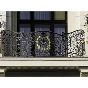 French Palace Wrought Iron Balcony Railing with Black and Gold Ornate Design