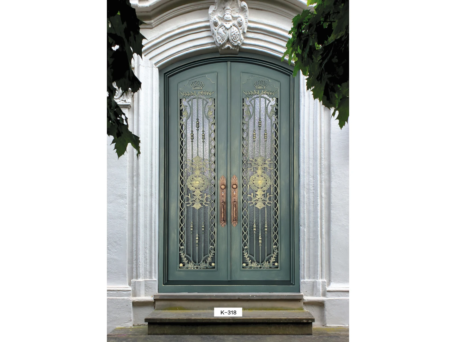 French Vintage Wrought Iron Double Entry Door with Mint Green Finish-1 French Vintage Wrought Iron Double Entry Door with Mint Green Finish