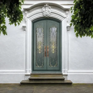 French Vintage Wrought Iron Double Entry Door with Mint Green Finish