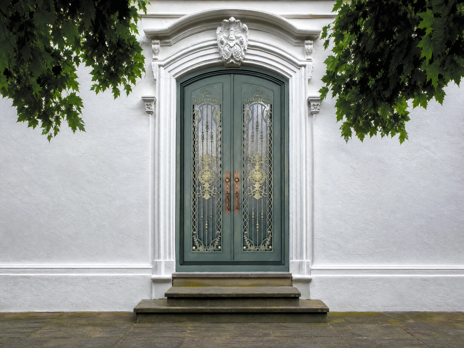 French Vintage Wrought Iron Double Entry Door with Mint Green Finish French Vintage Wrought Iron Double Entry Door with Mint Green Finish