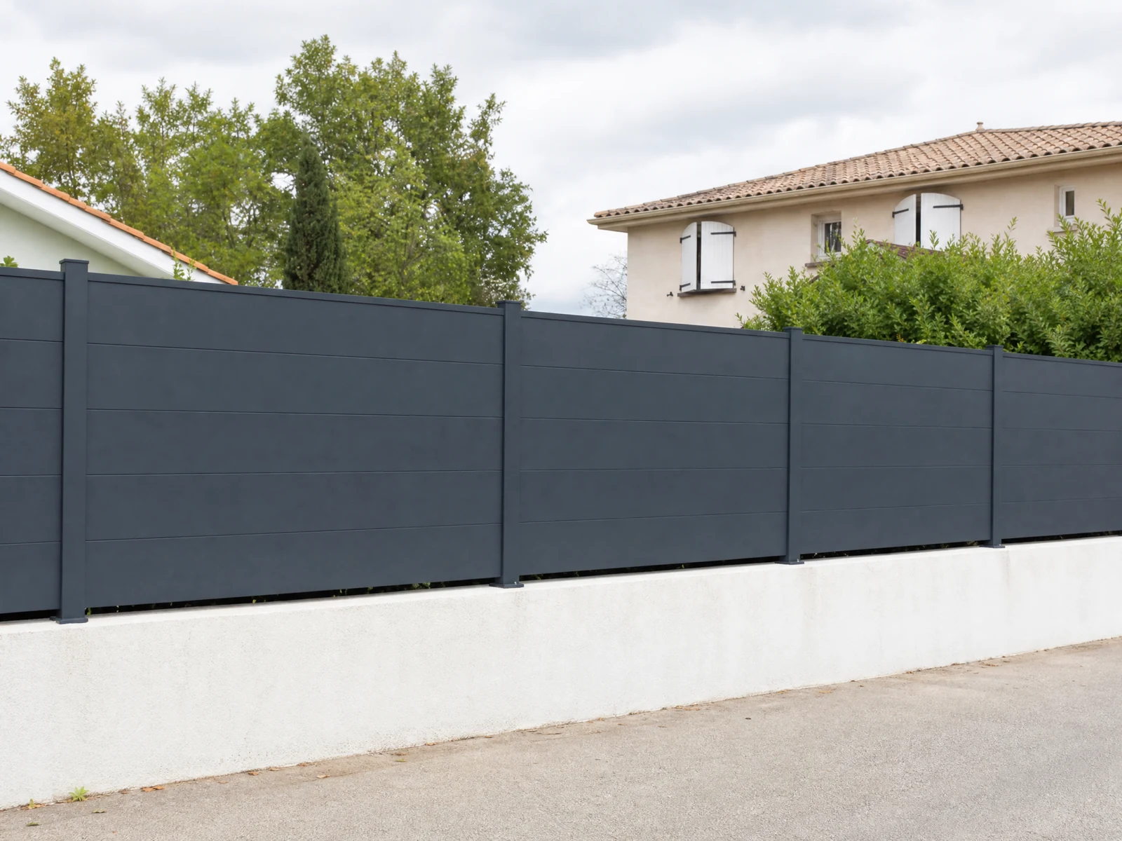 Matte Dark Gray Full Privacy Horizontal Fence with Smooth Panels Matte Dark Gray Full Privacy Horizontal Fence with Smooth Panels