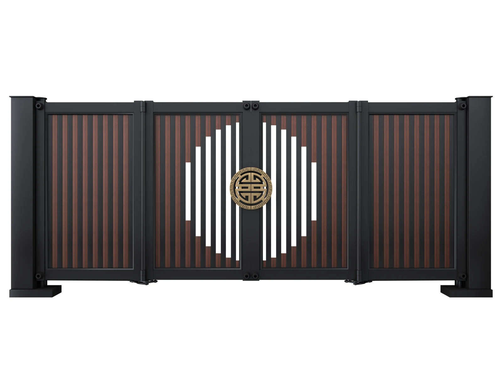 Modern Black Frame Brown Vertical Slat Aluminum Cantilever Sliding Gate with Central Round Decor-1 Modern Black Frame Brown Vertical Slat Aluminum Cantilever Sliding Gate with Central Round Decor