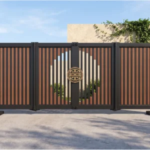 Modern Black Frame Brown Vertical Slat Aluminum Cantilever Sliding Gate with Central Round Decor