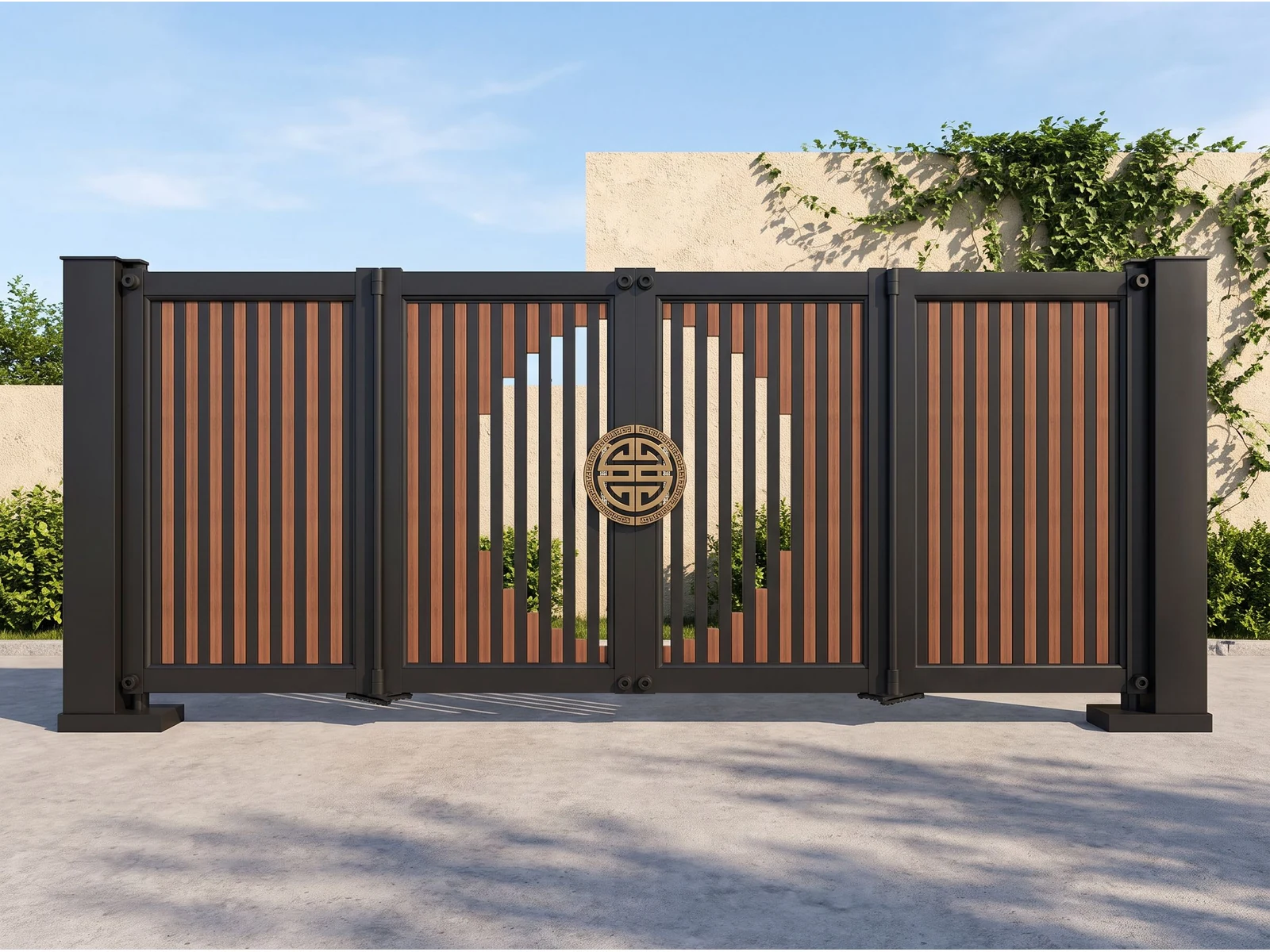 Modern Black Frame Brown Vertical Slat Aluminum Cantilever Sliding Gate with Central Round Decor Modern Black Frame Brown Vertical Slat Aluminum Cantilever Sliding Gate with Central Round Decor