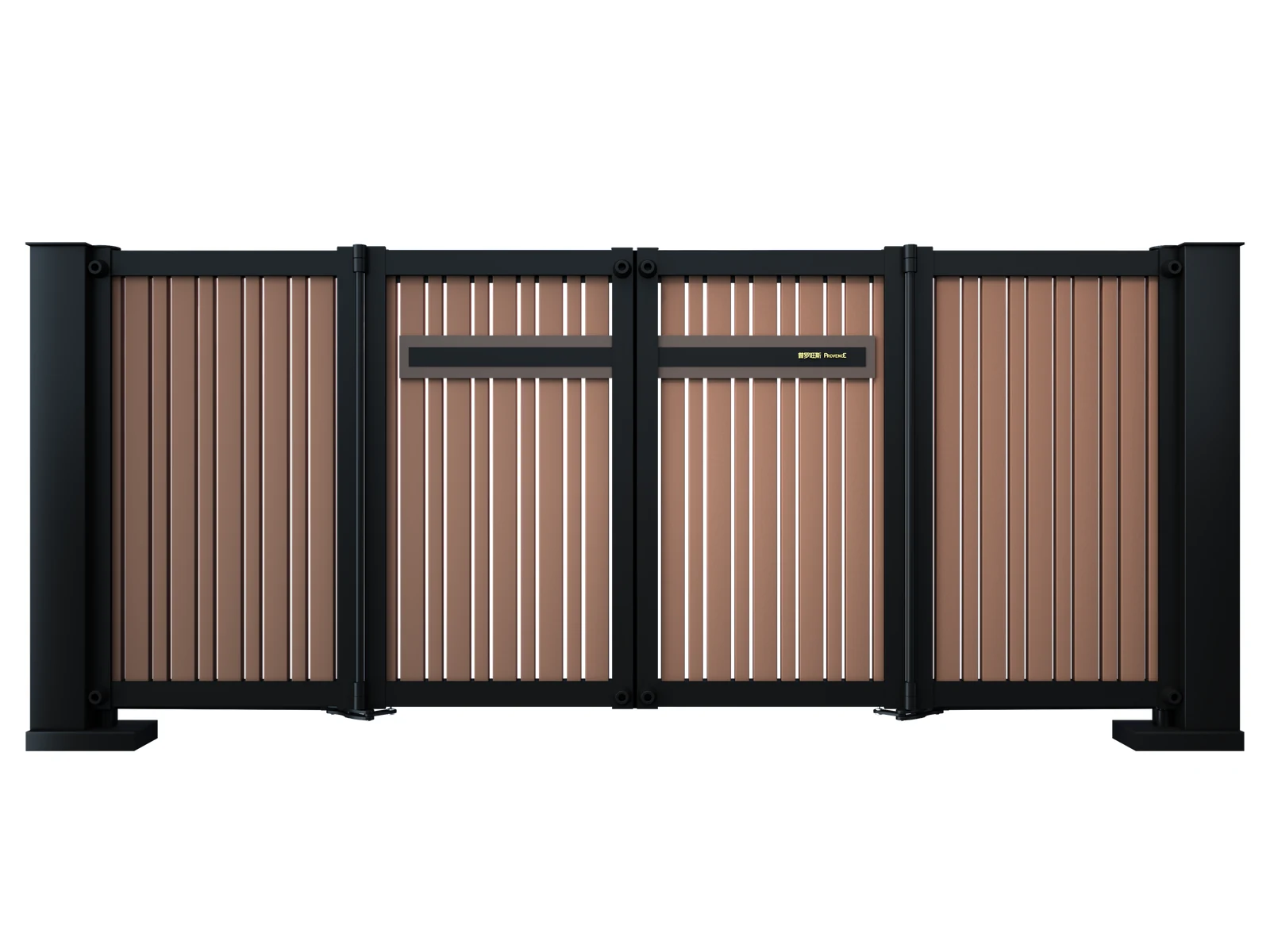 Modern Black Frame Brown Vertical Slat Aluminum Cantilever Sliding Gate with Dual Pillars-1 Modern Black Frame Brown Vertical Slat Aluminum Cantilever Sliding Gate with Dual Pillars