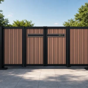 Modern Black Frame Brown Vertical Slat Aluminum Cantilever Sliding Gate with Dual Pillars
