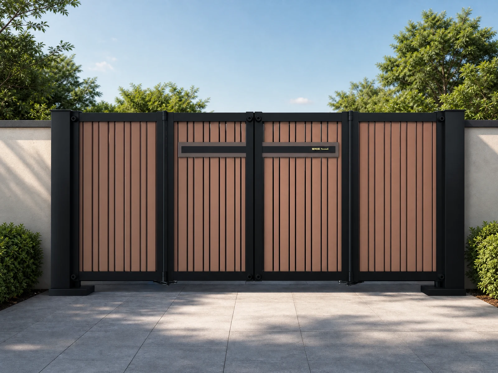 Modern Black Frame Brown Vertical Slat Aluminum Cantilever Sliding Gate with Dual Pillars Modern Black Frame Brown Vertical Slat Aluminum Cantilever Sliding Gate with Dual Pillars
