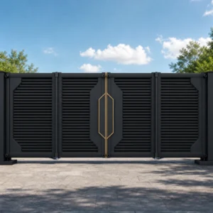 Modern Black Frame Gold Center Decor Aluminum Cantilever Sliding Gate with Dual Pillars