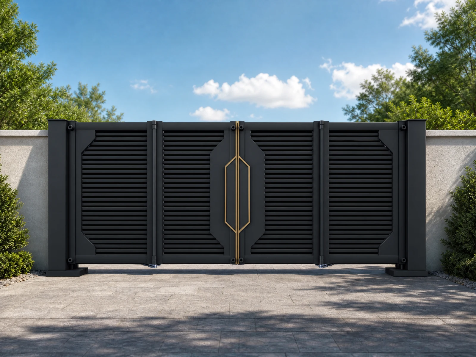 Modern Black Frame Gold Center Decor Aluminum Cantilever Sliding Gate with Dual Pillars Modern Black Frame Gold Center Decor Aluminum Cantilever Sliding Gate with Dual Pillars