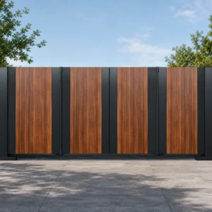 Modern Black Frame Wood-Grain Aluminum Cantilever Sliding Gate with Dual Pillars