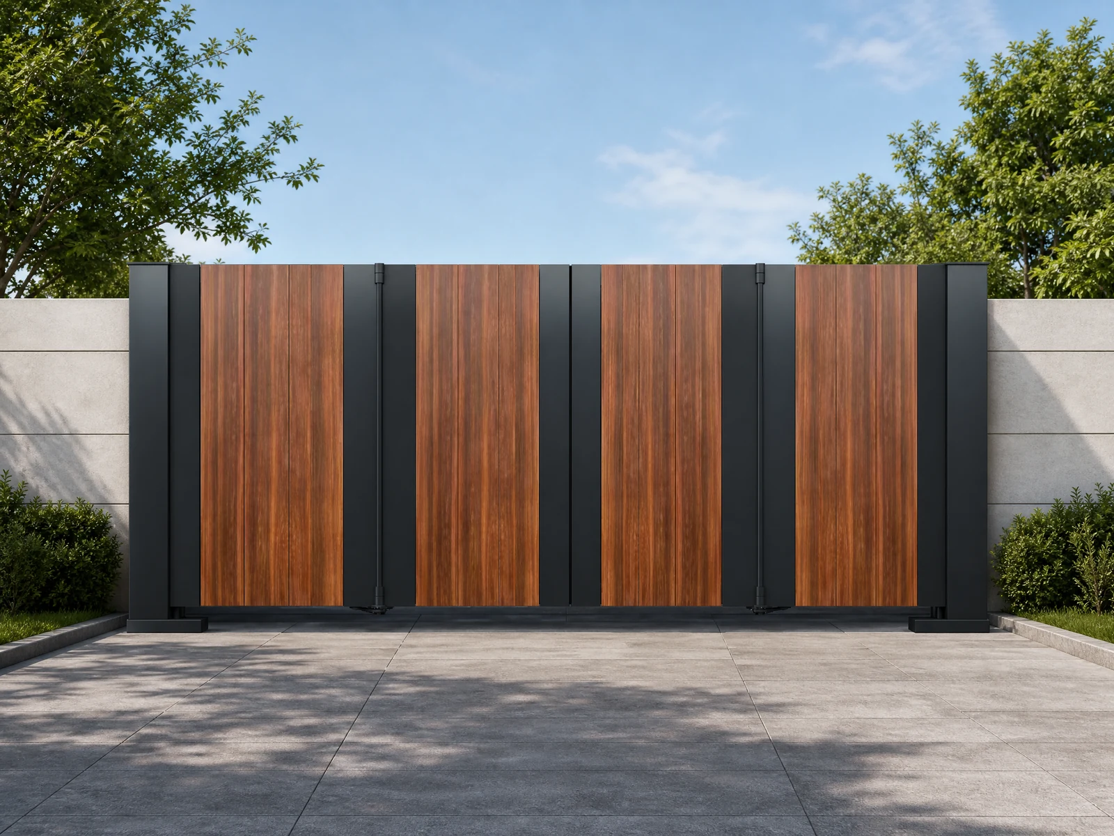 Modern Black Frame Wood-Grain Aluminum Cantilever Sliding Gate with Dual Pillars Modern Black Frame Wood-Grain Aluminum Cantilever Sliding Gate with Dual Pillars