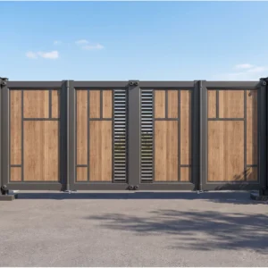 Modern Black Frame Wood Grain Aluminum Cantilever Sliding Gate with Vertical Grille Inserts