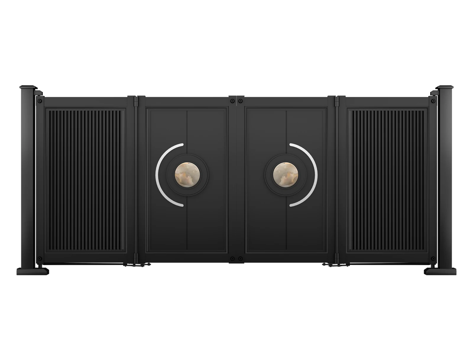Modern Black Vertical Grille Aluminum Cantilever Sliding Gate with Central Round Decor-1 Modern Black Vertical Grille Aluminum Cantilever Sliding Gate with Central Round Decor
