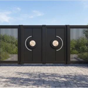 Modern Black Vertical Grille Aluminum Cantilever Sliding Gate with Central Round Decor