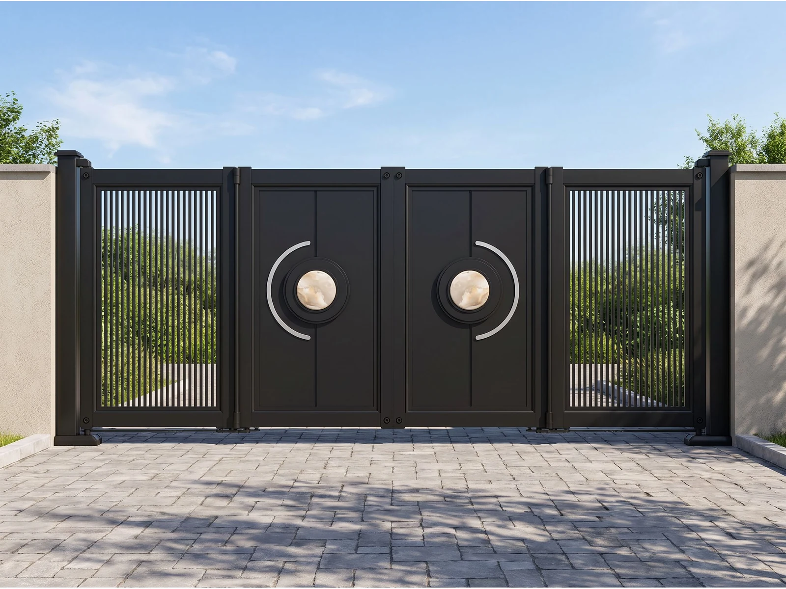 Modern Black Vertical Grille Aluminum Cantilever Sliding Gate with Central Round Decor Modern Black Vertical Grille Aluminum Cantilever Sliding Gate with Central Round Decor