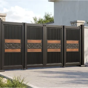 Modern Black Vertical Textured Aluminum Cantilever Sliding Gate with Wood Grain Inlays