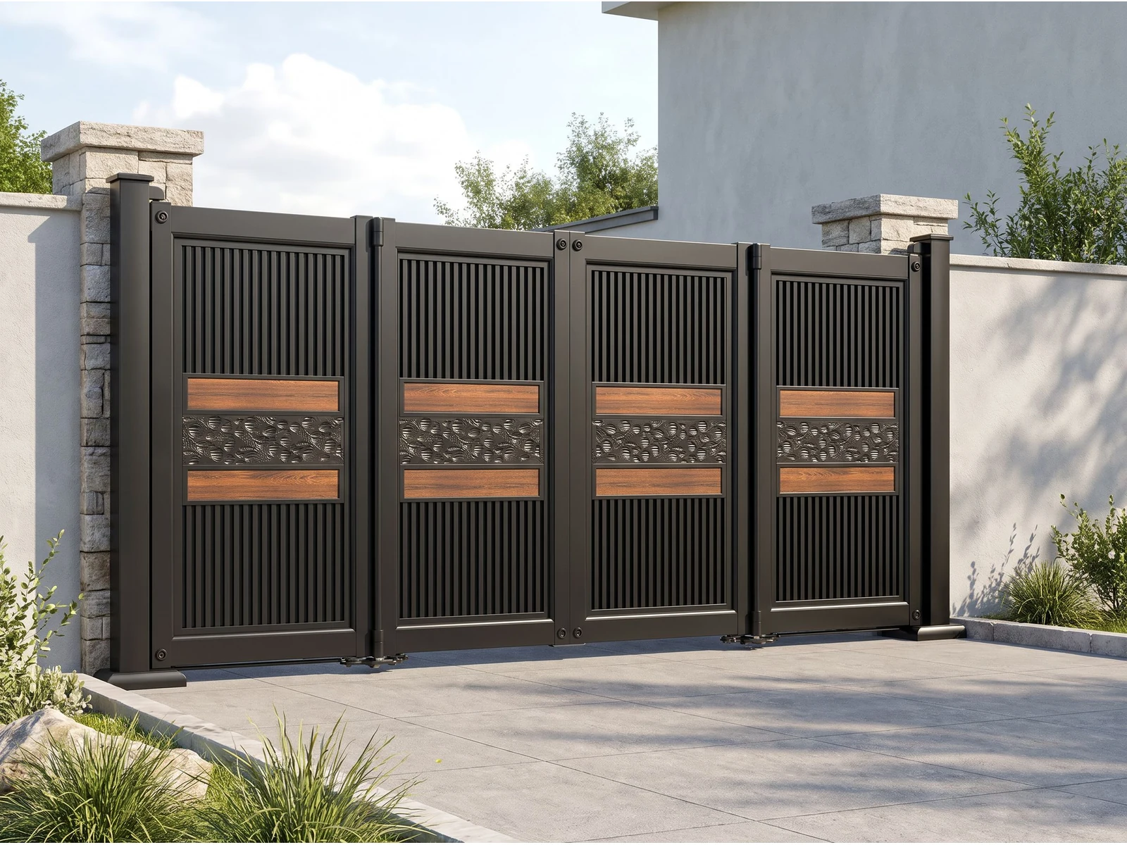 Modern Black Vertical Textured Aluminum Cantilever Sliding Gate with Wood Grain Inlays Modern Black Vertical Textured Aluminum Cantilever Sliding Gate with Wood Grain Inlays