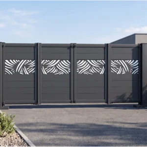 Modern Blue Horizontal Aluminum Cantilever Sliding Gate with White Decorative Cut-Outs