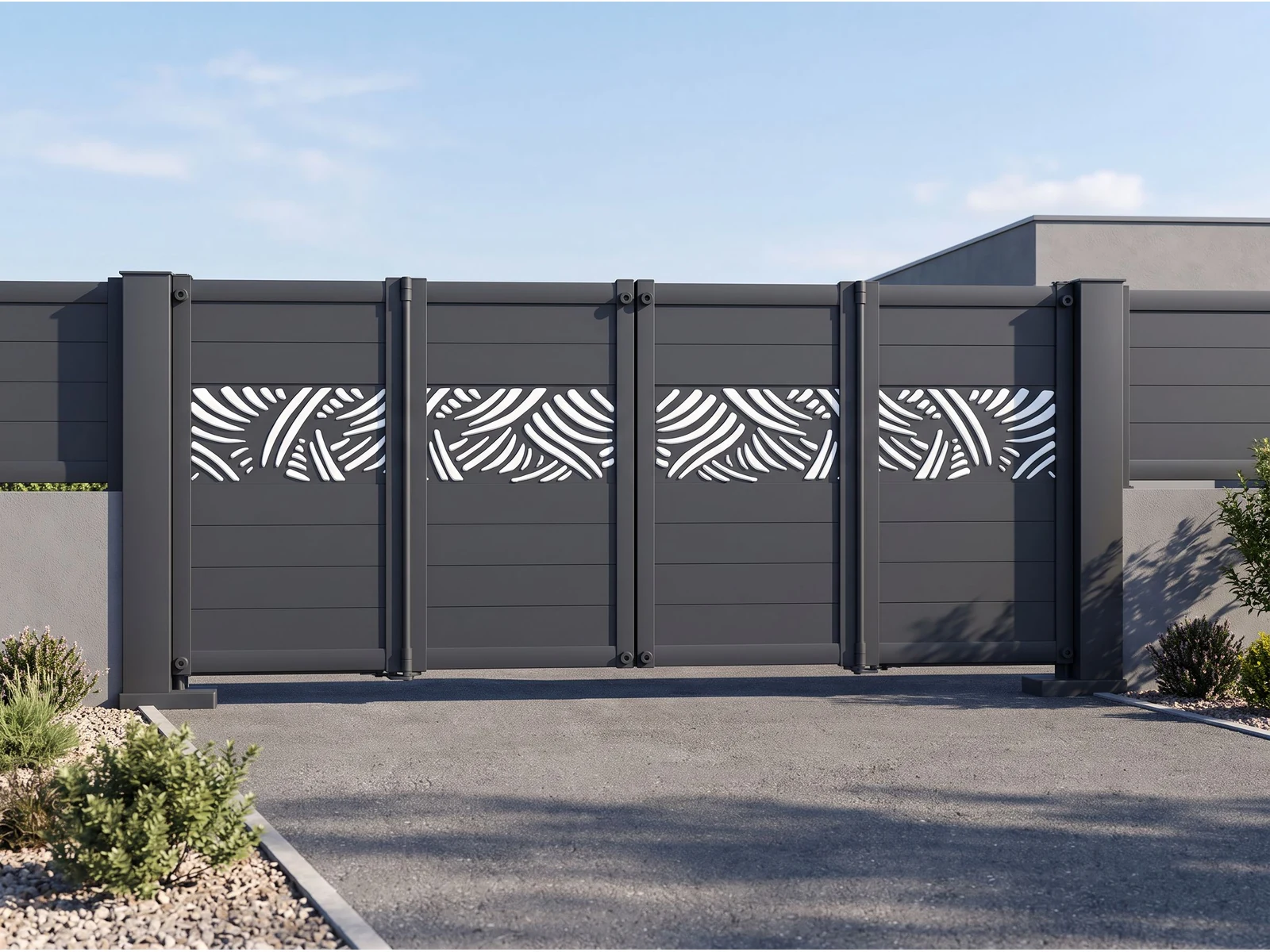 Modern Blue Horizontal Aluminum Cantilever Sliding Gate with White Decorative Cut-Outs Modern Blue Horizontal Aluminum Cantilever Sliding Gate with White Decorative Cut-Outs