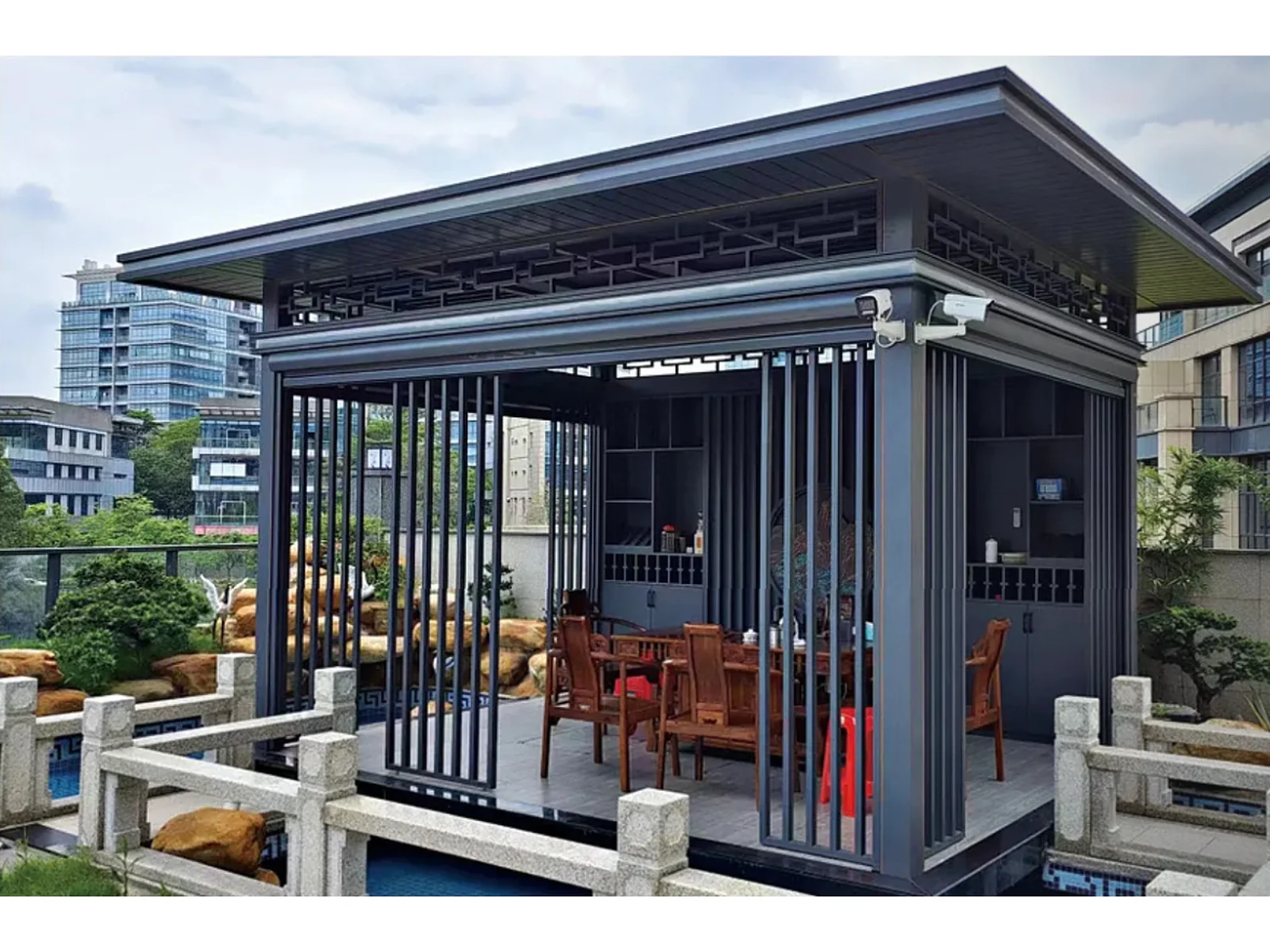 Modern Chinese Pavilion with Dark Gray Metal Structure-1 Modern Chinese Pavilion with Dark Gray Metal Structure