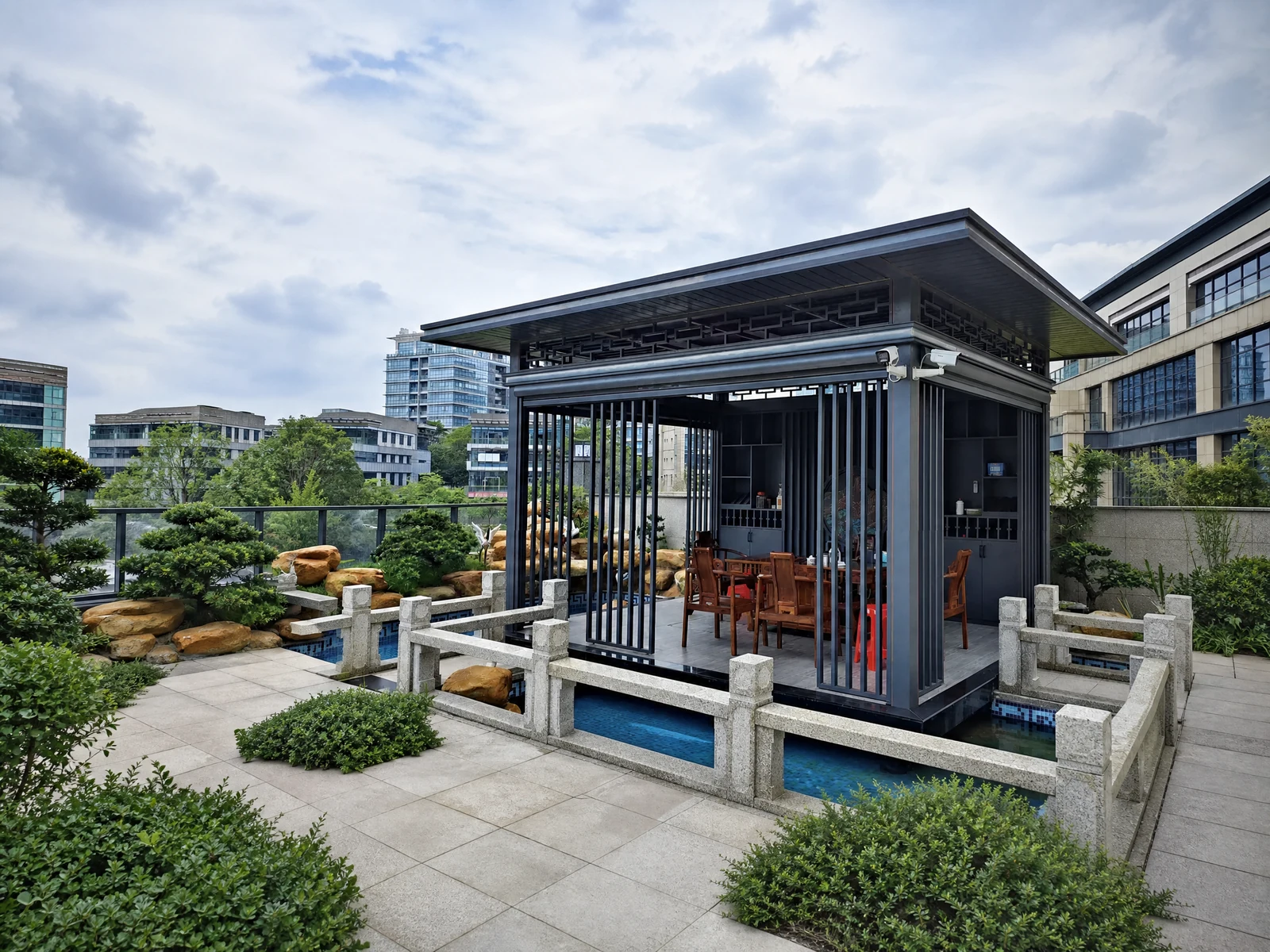Modern Chinese Pavilion with Dark Gray Metal Structure Modern Chinese Pavilion with Dark Gray Metal Structure